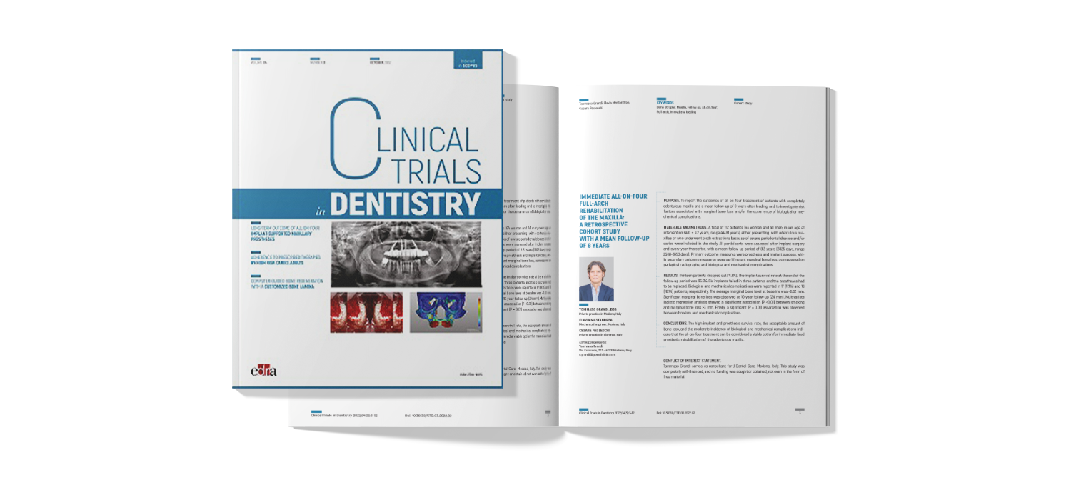 Immediate all-on-four full-arch rehabilitation of the maxilla: a retrospective cohort study with a mean follow-up of 8 years.