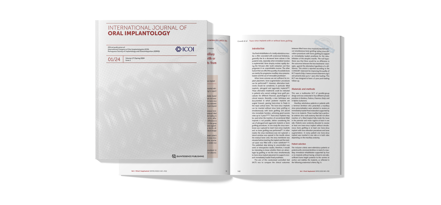 Immediate fixed rehabilitation of severe maxillary atrophies using trans-sinus tilted implants with or without sinus bone grafting: One year results from a randomised controlled trial.